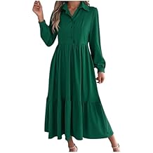 Fall Midi Dresses for Women Casual Long Sleeve Collared Button Up High Waist Flowy Pleated Tiered A Line Shirt Dress