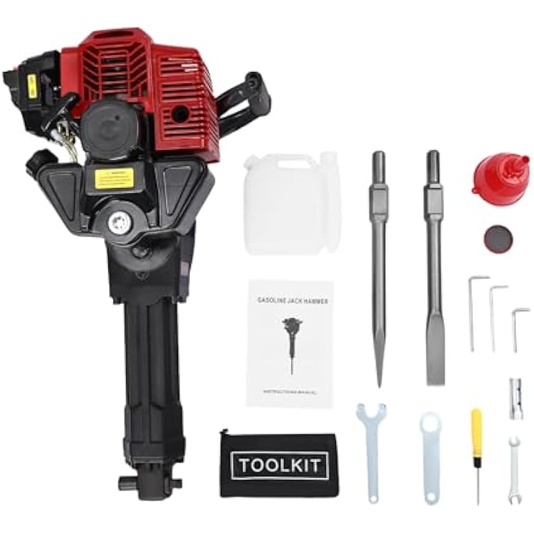 Demolition Jack Hammer, 2.55HP 52cc 6500RPM Gas Powered Heavy Duty Concrete Breaker Machine Demolition Jack Drill Hammer Gas Demolition Hammer with Point & Flat Chisel