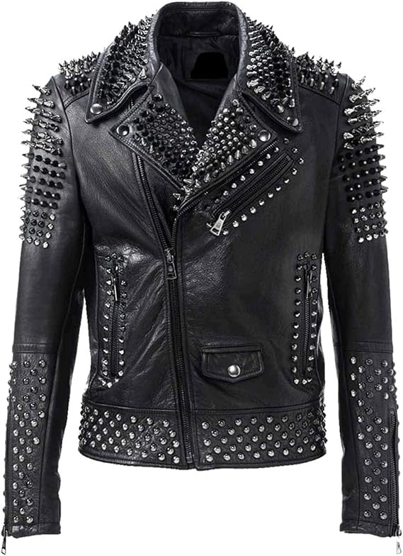 Studded Leather Jacket - Mens Black Brando spiked Rock Punk Leather Jacket with Spikes