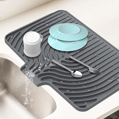 Dish Drying Mat for Kitchen Counter, with Built-in Drain Lip, 18x11.8 inch, Food-Grade Silicone, Easy Clean Pad for Countertop Protection, Heat Resistant, Easy Clean, Multi-Functional Use Grey